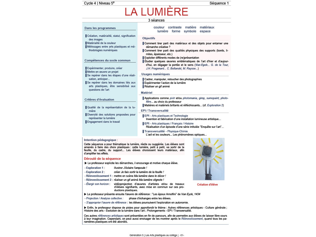 Séance sur la lumière - Les arts plastiques au collège