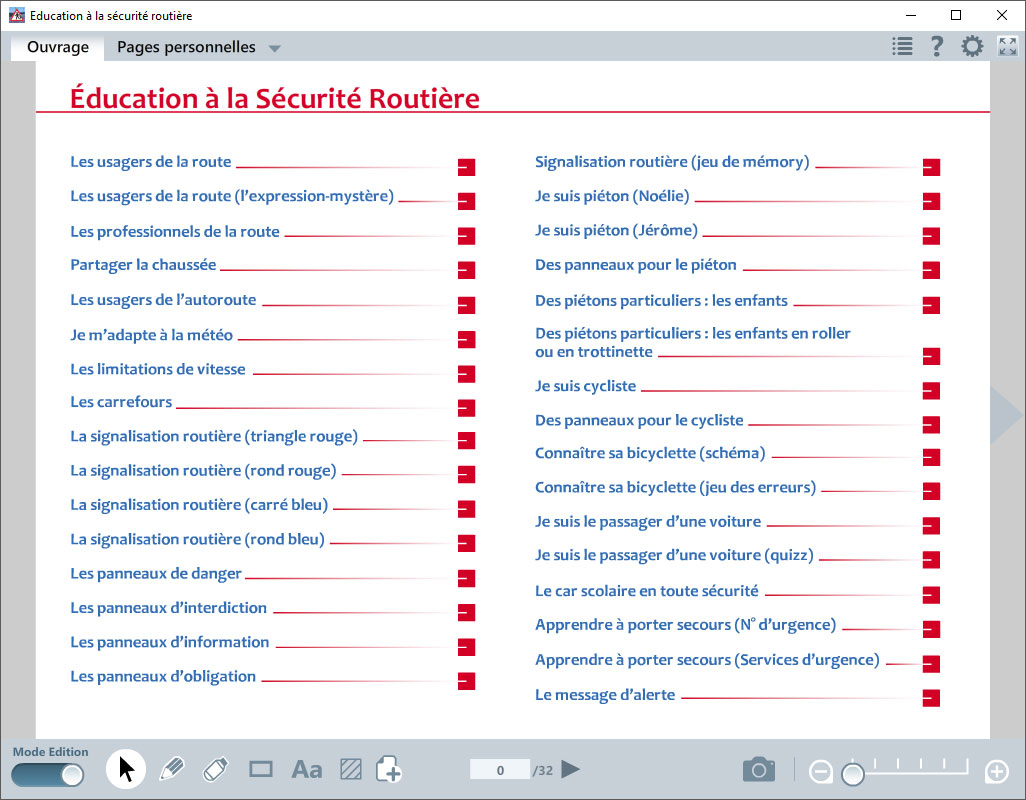 Menu logiciel Éducation à la Sécurité Routière