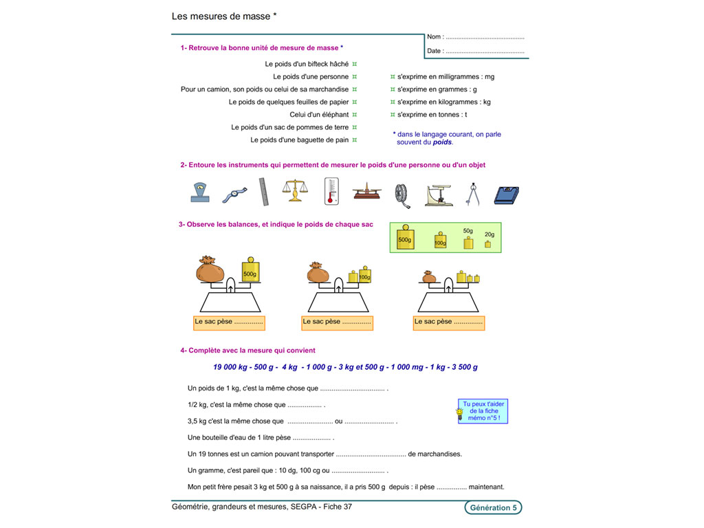 Fiche exercice pédagogique maths SEGPA