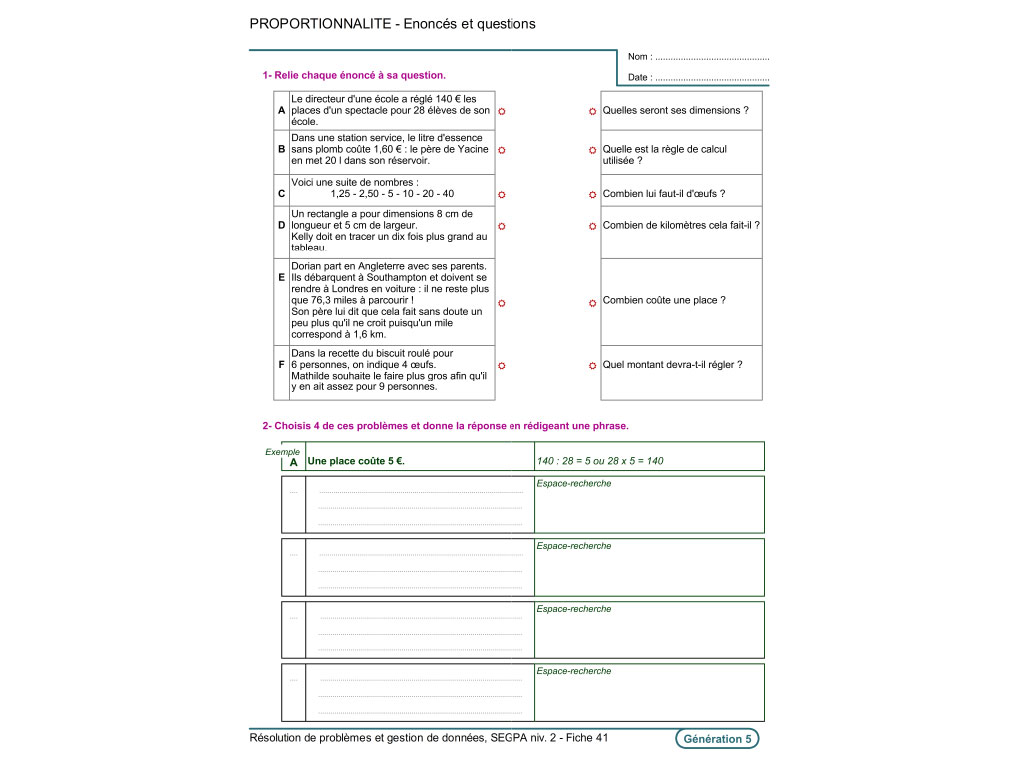 Fiche exercice pédagogique proportionnalité SEGPA