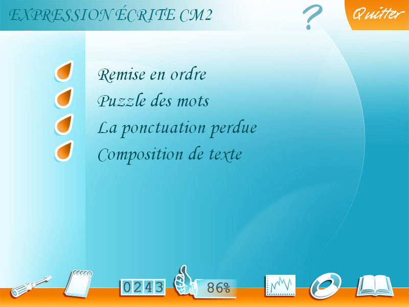 Menu du logiciel Soutien scolaire Français CM2