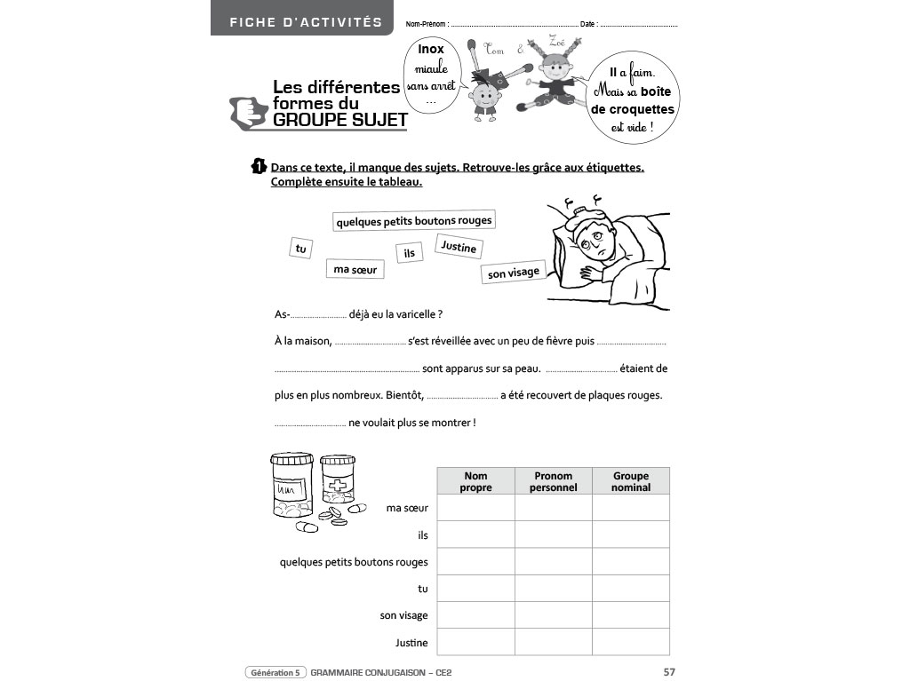 Fiche d'activités pour l'élève Grammaire - Conjugaison CE2